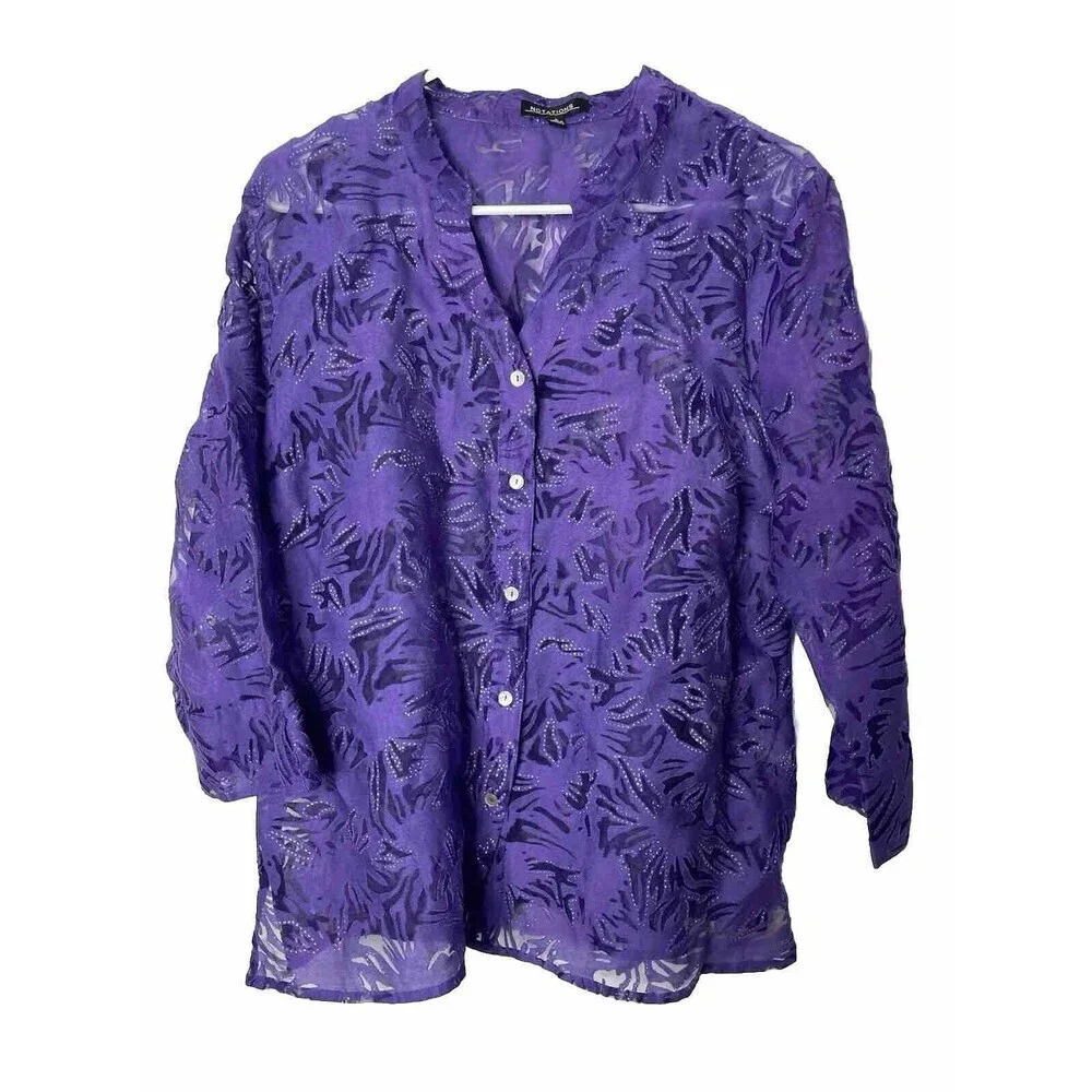 Notations Button Up Tunic Blouse L Glitter Burnout Geometric Sheer Linen Blend